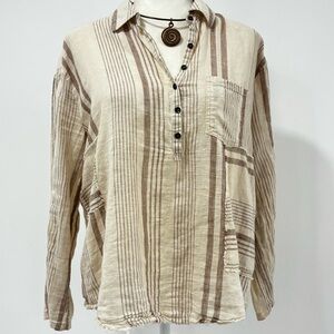 Wonderly Linen/Cotton Blend Oversized Lightweight Tan & Cream Stripe Long Sleeve
